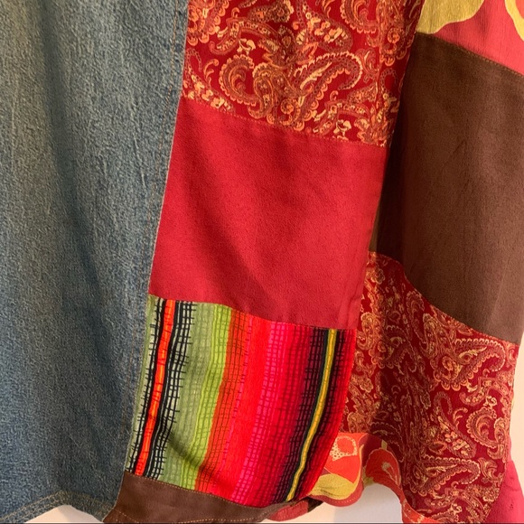 Vintage Skirt Patchwork Cabincore Boho Mixed Print Denim Midi Length Jean Skirt - Picture 8 of 14